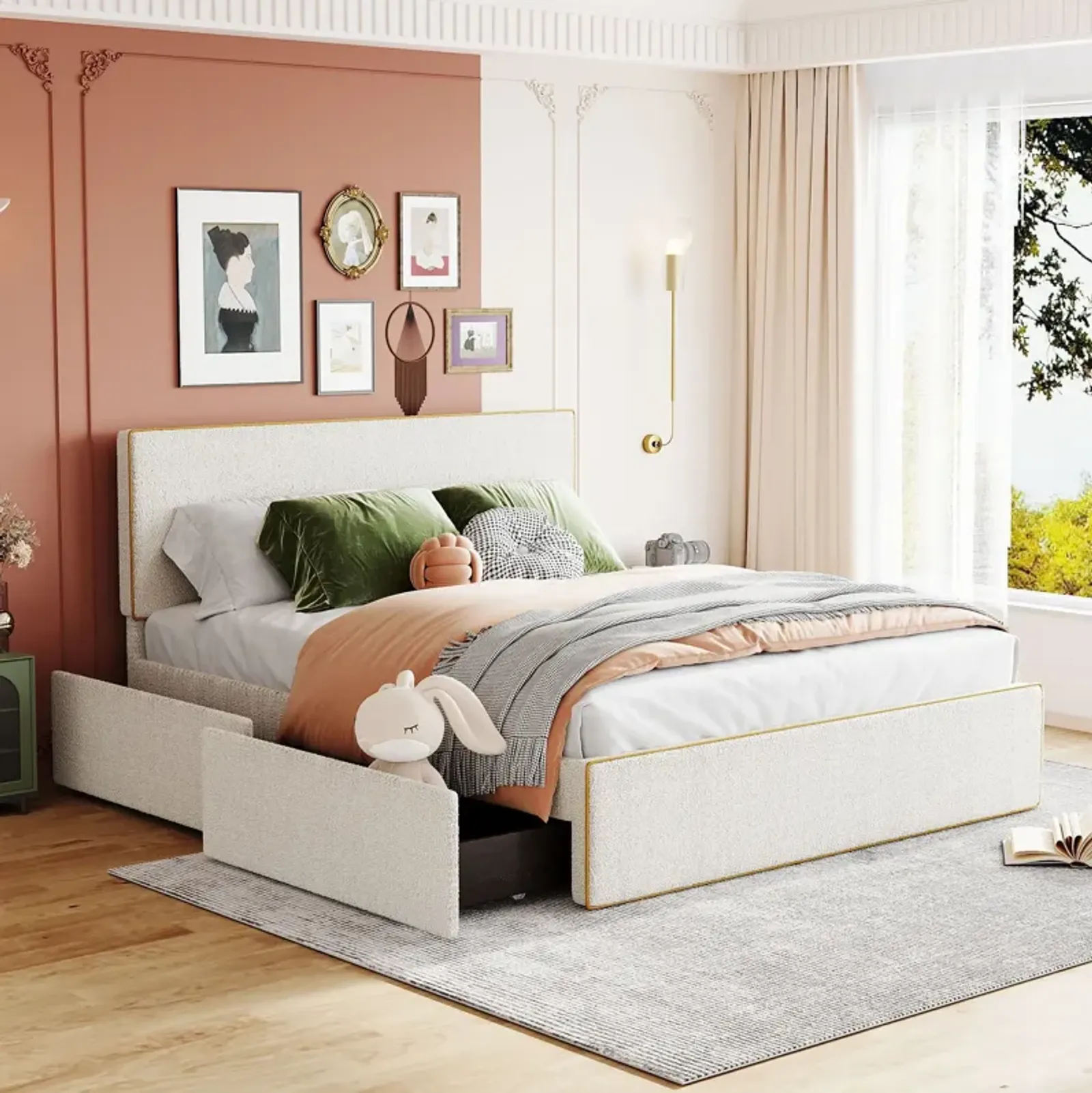 Upholstered Platform Bed With 4 Drawers And Edge On The Headboard & Footboard