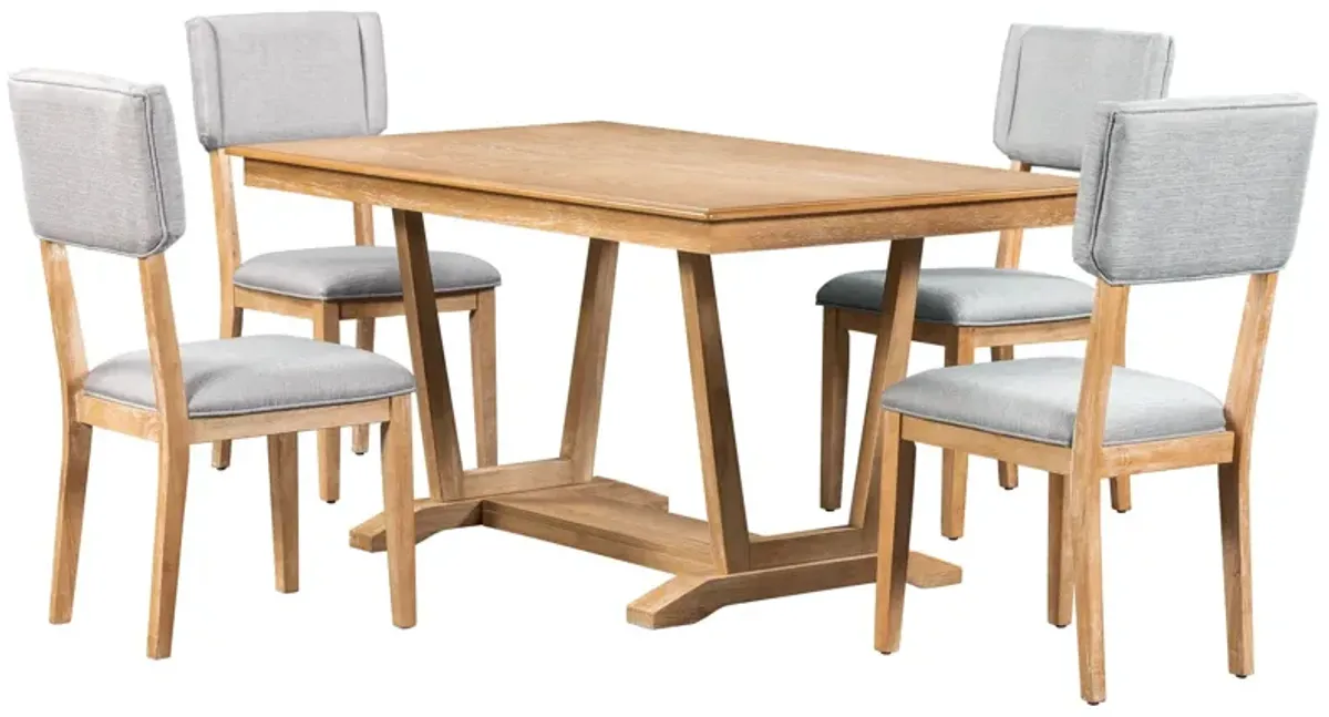 Topmax - 5 Piece Rustic Dining Table Set With 4 Upholstered Chairs, Rectangular Dining Table With Trestle Table Base