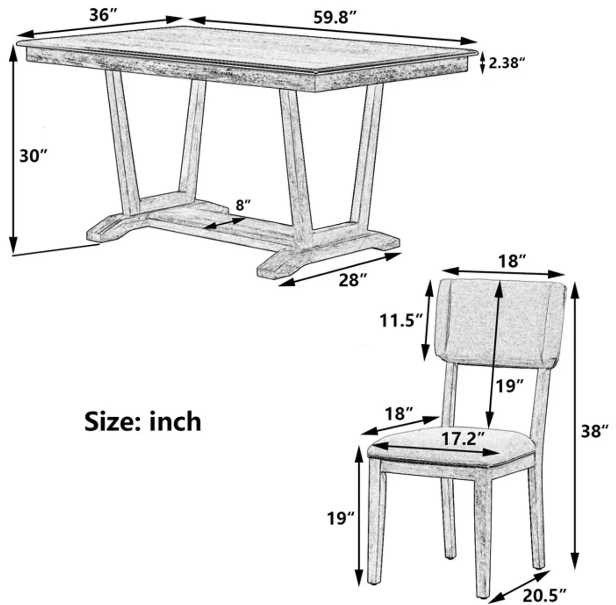 Topmax - 5 Piece Rustic Dining Table Set With 4 Upholstered Chairs, Rectangular Dining Table With Trestle Table Base