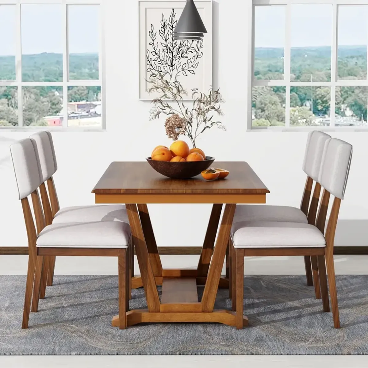 Topmax - 5 Piece Rustic Dining Table Set With 4 Upholstered Chairs, Rectangular Dining Table With Trestle Table Base