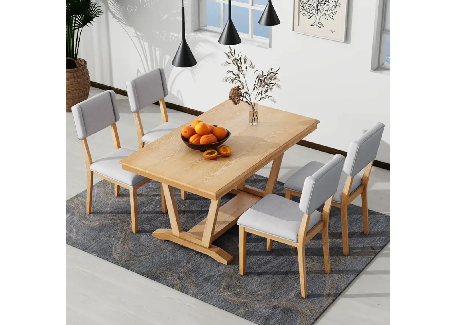 Topmax - 5 Piece Rustic Dining Table Set With 4 Upholstered Chairs, Rectangular Dining Table With Trestle Table Base