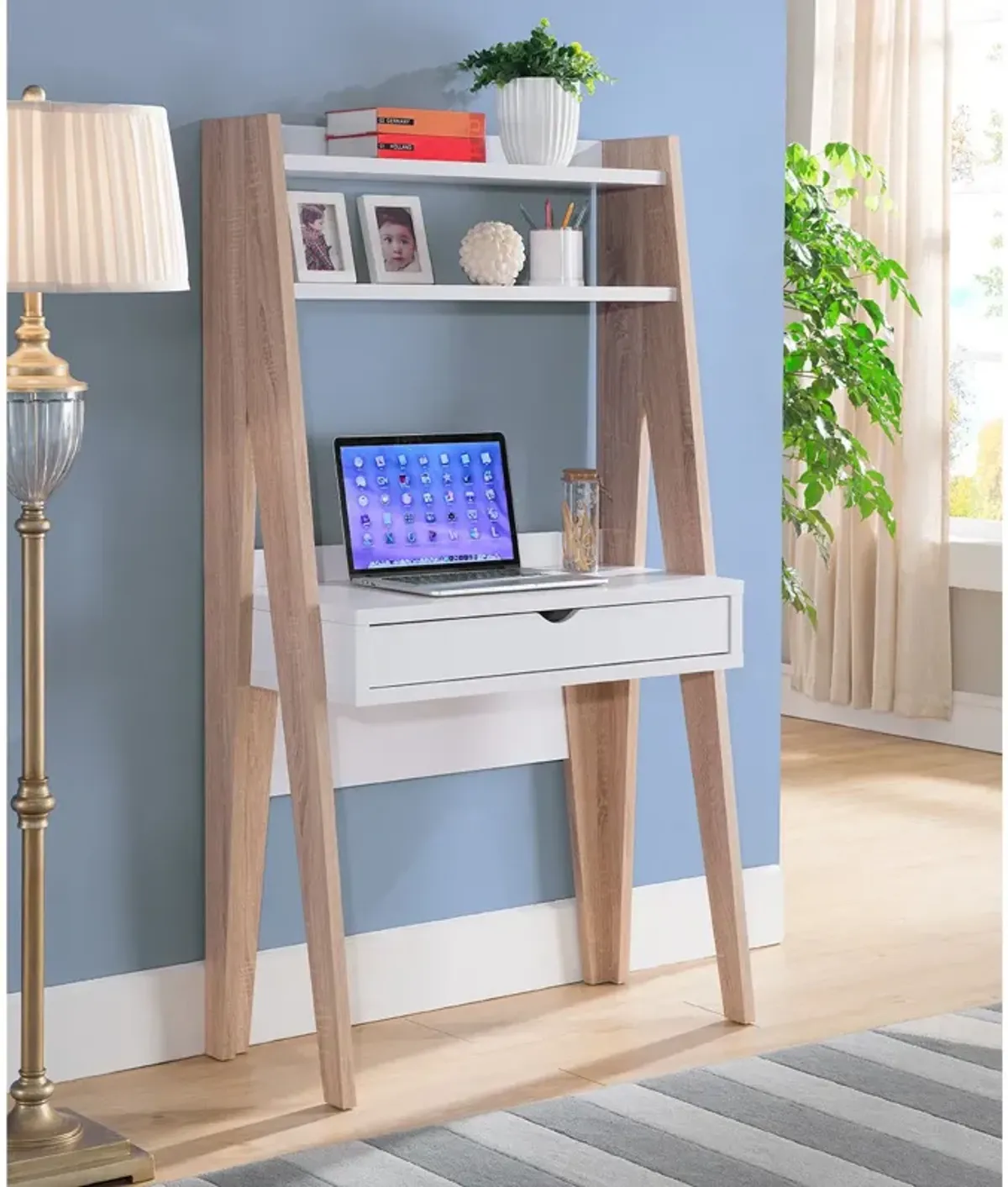 Ladder Desk Two Tone, Home Office Study Desk With Drawer And Two Shelves