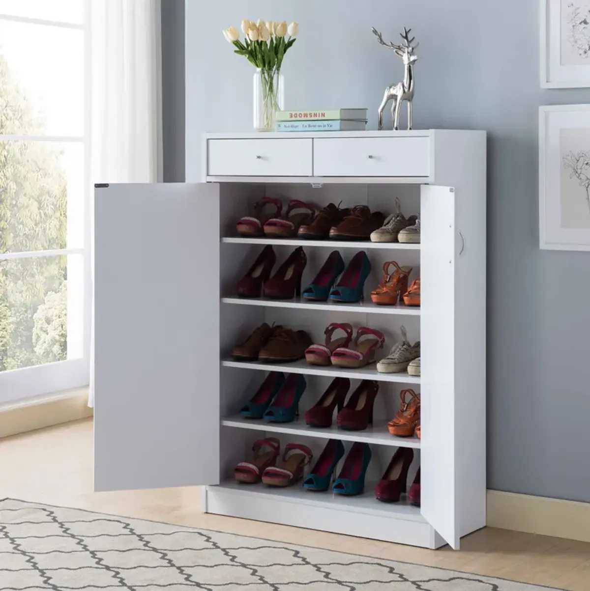 Shoe Storage Cabinet With Fives Shelves, Two Drawers, Fits 15 Pairs Of Shoes