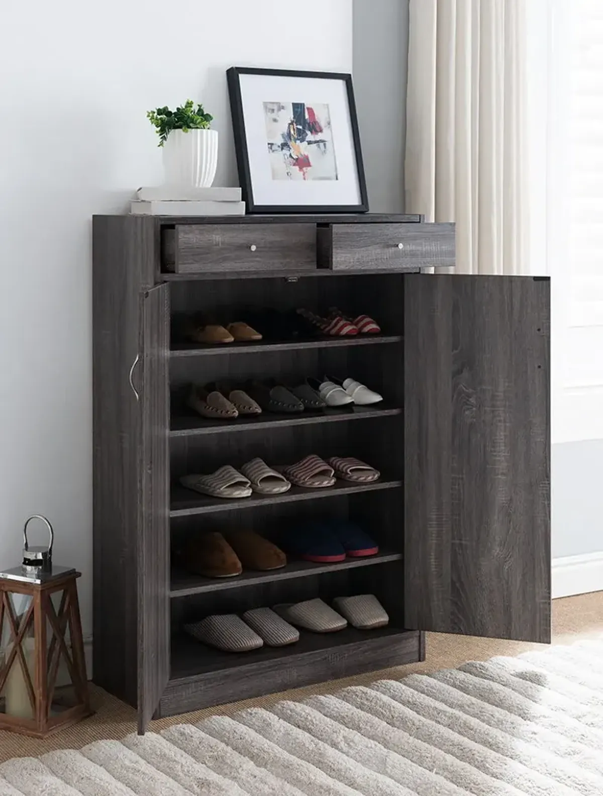 Shoe Storage Cabinet With Fives Shelves, Two Drawers, Fits 15 Pairs Of Shoes