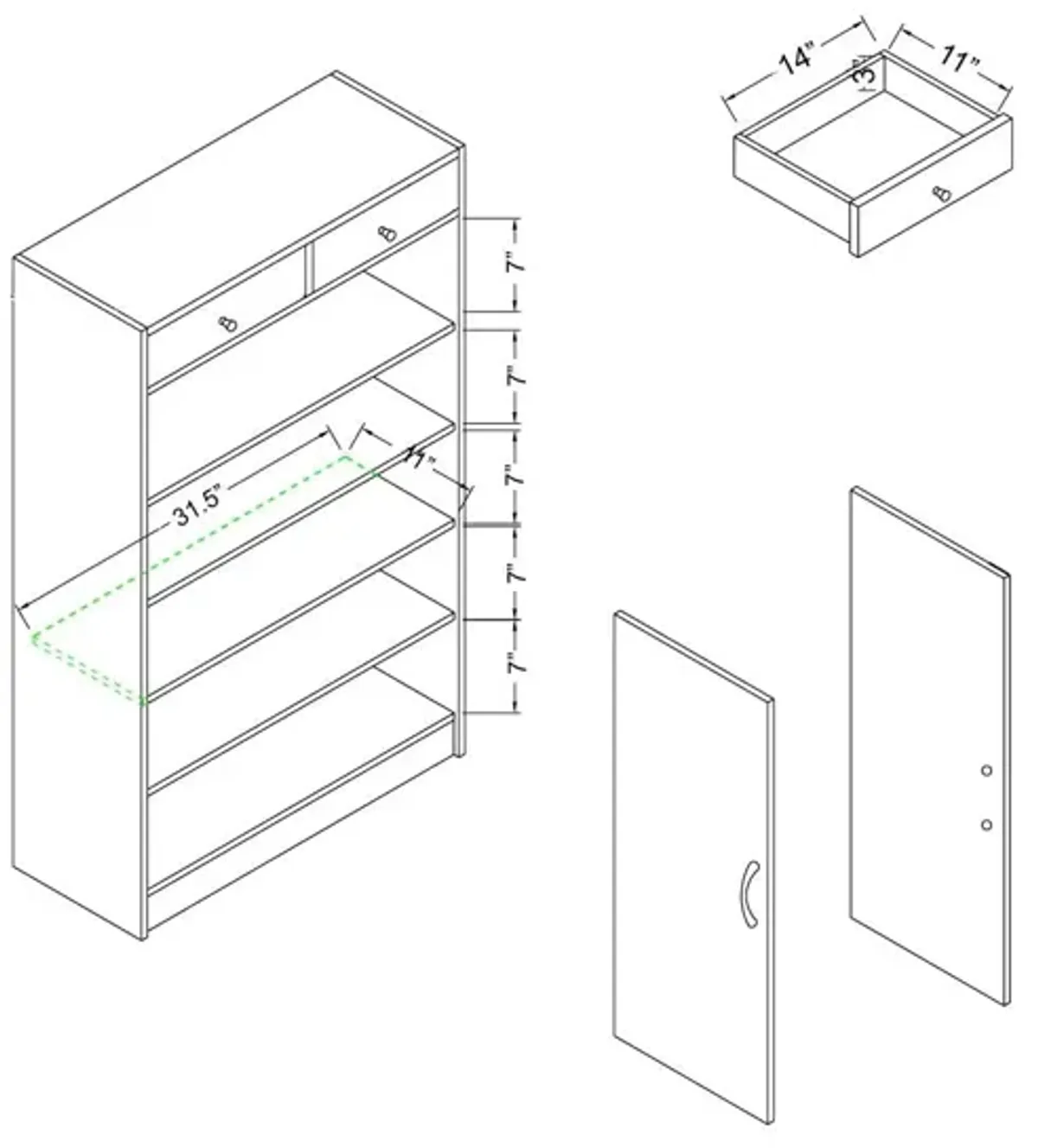 Shoe Storage Cabinet With Fives Shelves, Two Drawers, Fits 15 Pairs Of Shoes