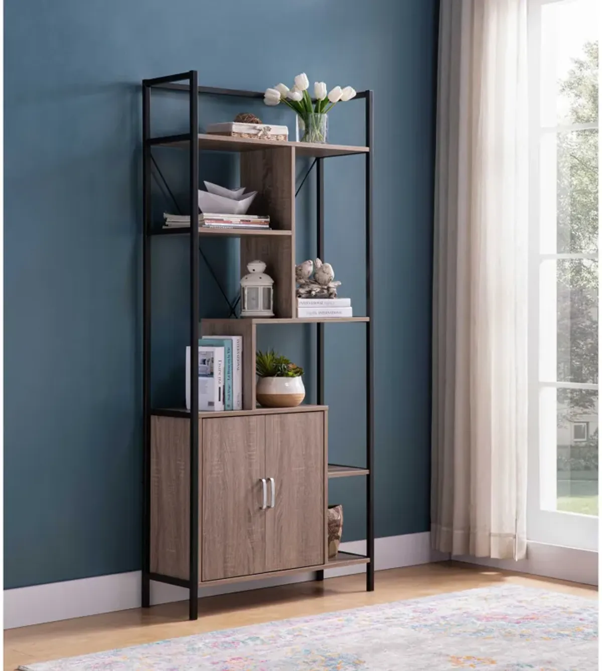 Modern Bookcase With Two Door Storage Cabinet With Two Shelves