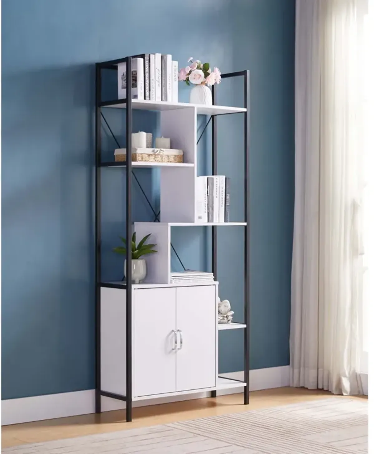 Modern Bookcase With Two Door Storage Cabinet With Two Shelves