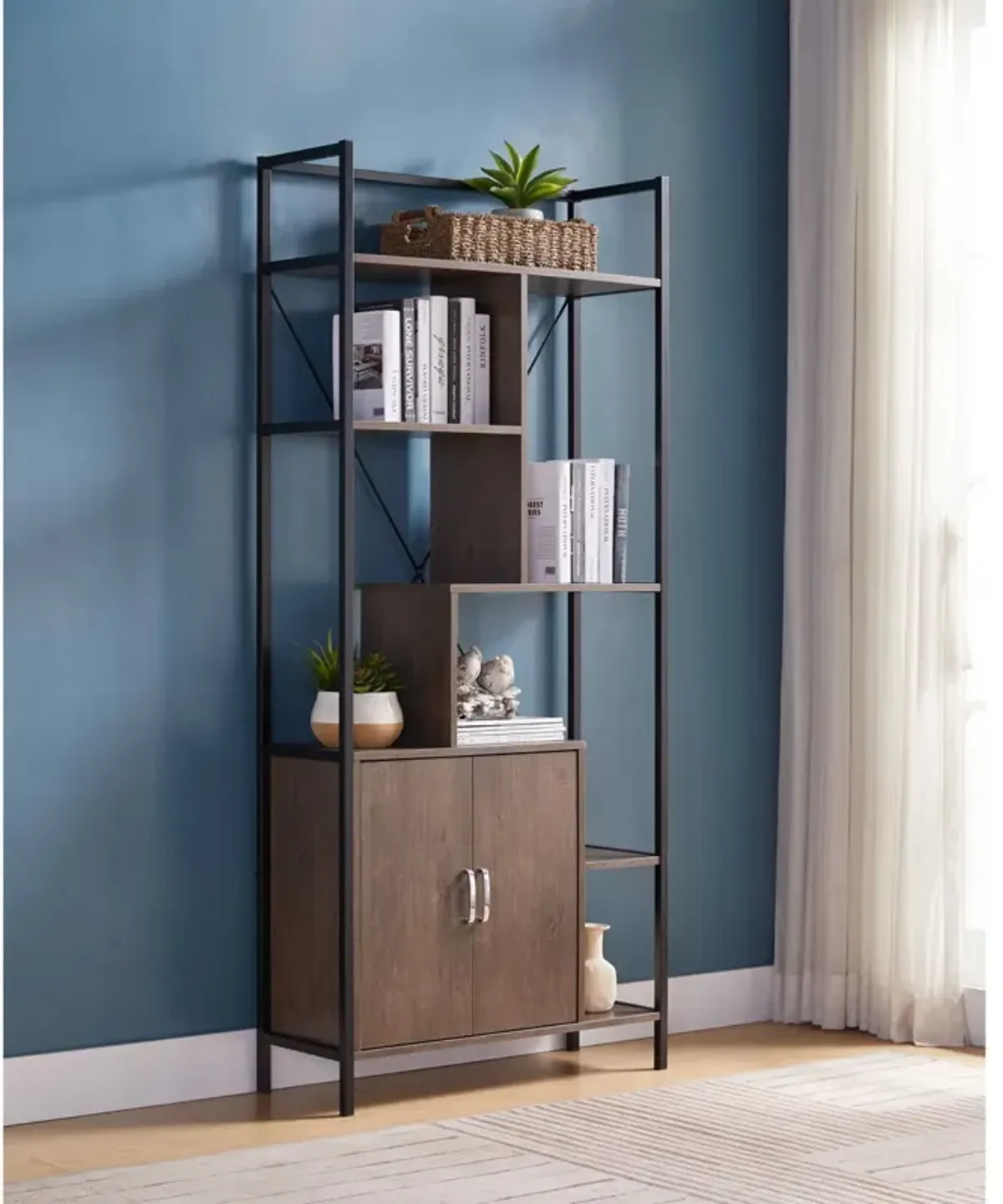 Modern Bookcase With Two Door Storage Cabinet With Two Shelves