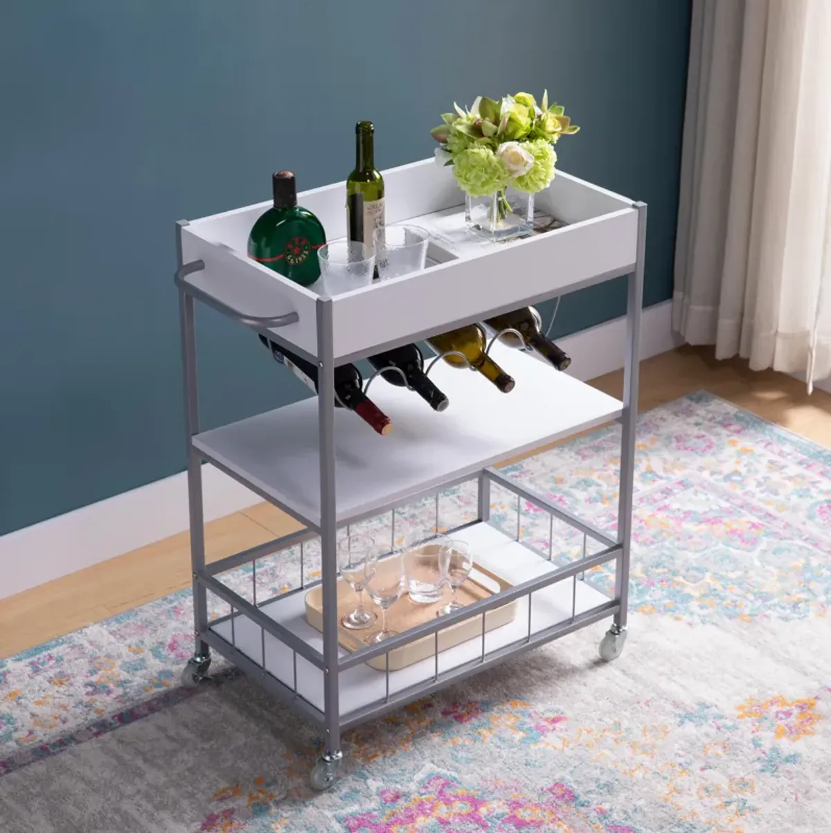 Rolling Kitchen Cart With Storage And Four Wine Bottle Rack