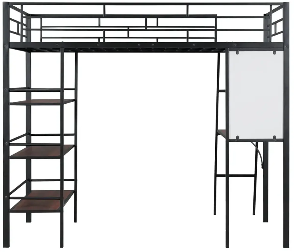 Loft Metal Bed With 3 Layers Of Shelves And Desk, Stylish Metal Frame Bed With Whiteboard