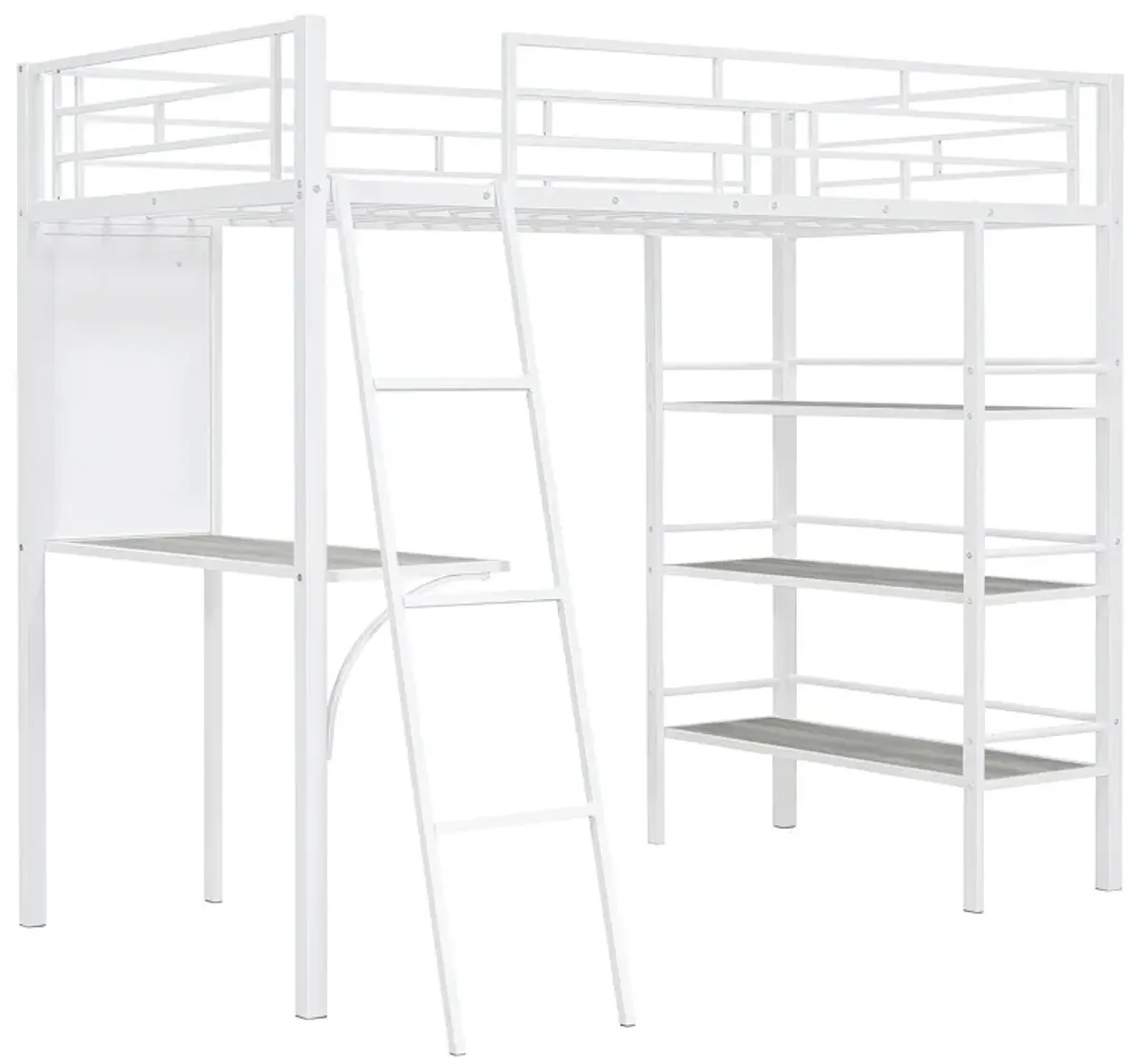 Loft Metal Bed With 3 Layers Of Shelves And Desk, Stylish Metal Frame Bed With Whiteboard