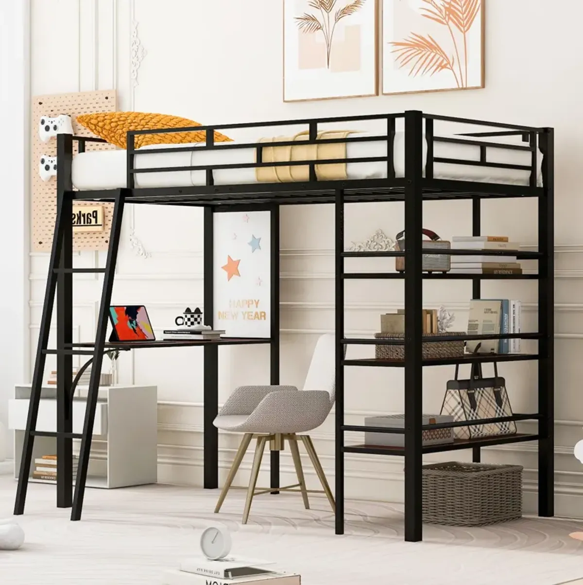 Loft Metal Bed With 3 Layers Of Shelves And Desk, Stylish Metal Frame Bed With Whiteboard