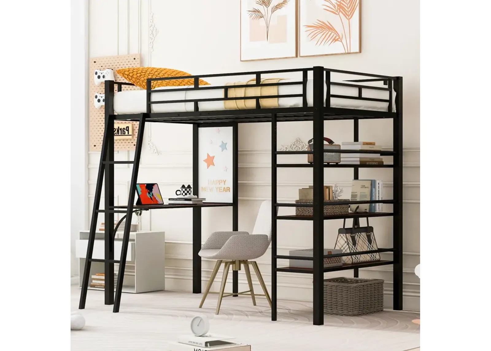 Loft Metal Bed With 3 Layers Of Shelves And Desk, Stylish Metal Frame Bed With Whiteboard