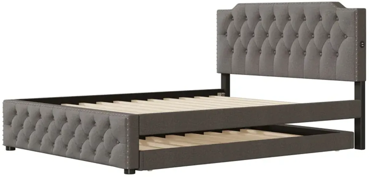 Upholstered Platform Bed With Twin Size Trundle And 2 Sets Of USB Ports On Each Side, Linen Fabric