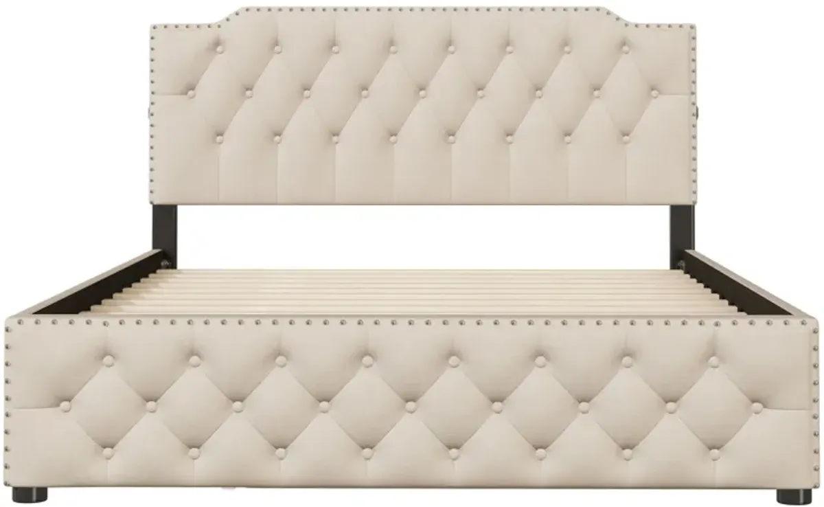 Upholstered Platform Bed With Twin Size Trundle And 2 Sets Of USB Ports On Each Side, Linen Fabric