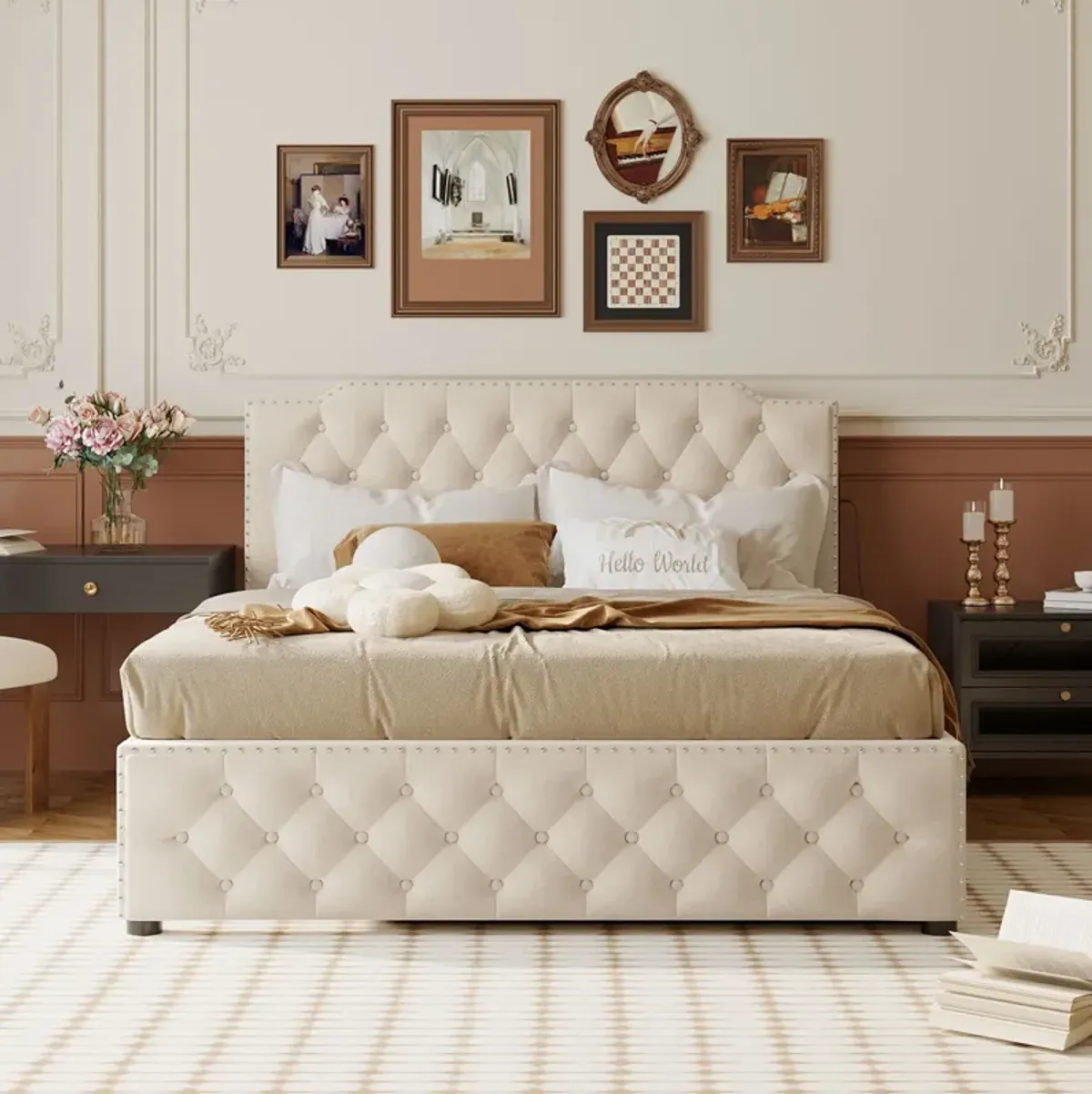 Upholstered Platform Bed With Twin Size Trundle And 2 Sets Of USB Ports On Each Side, Linen Fabric