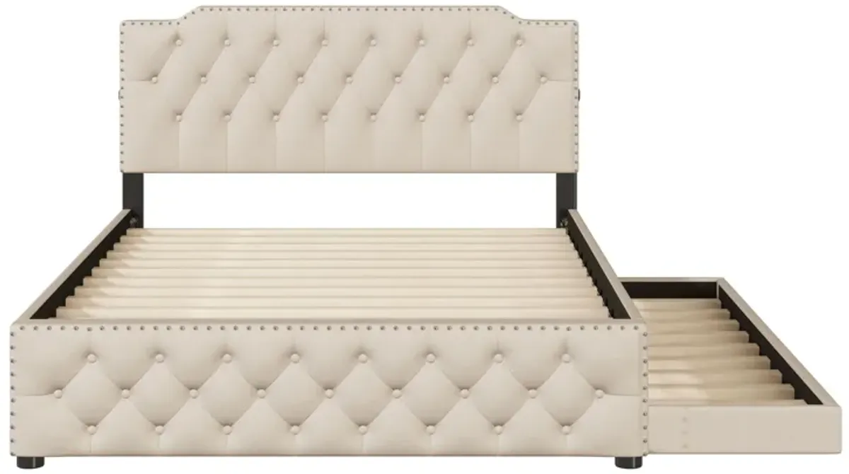 Upholstered Platform Bed With Twin Size Trundle And 2 Sets Of USB Ports On Each Side, Linen Fabric