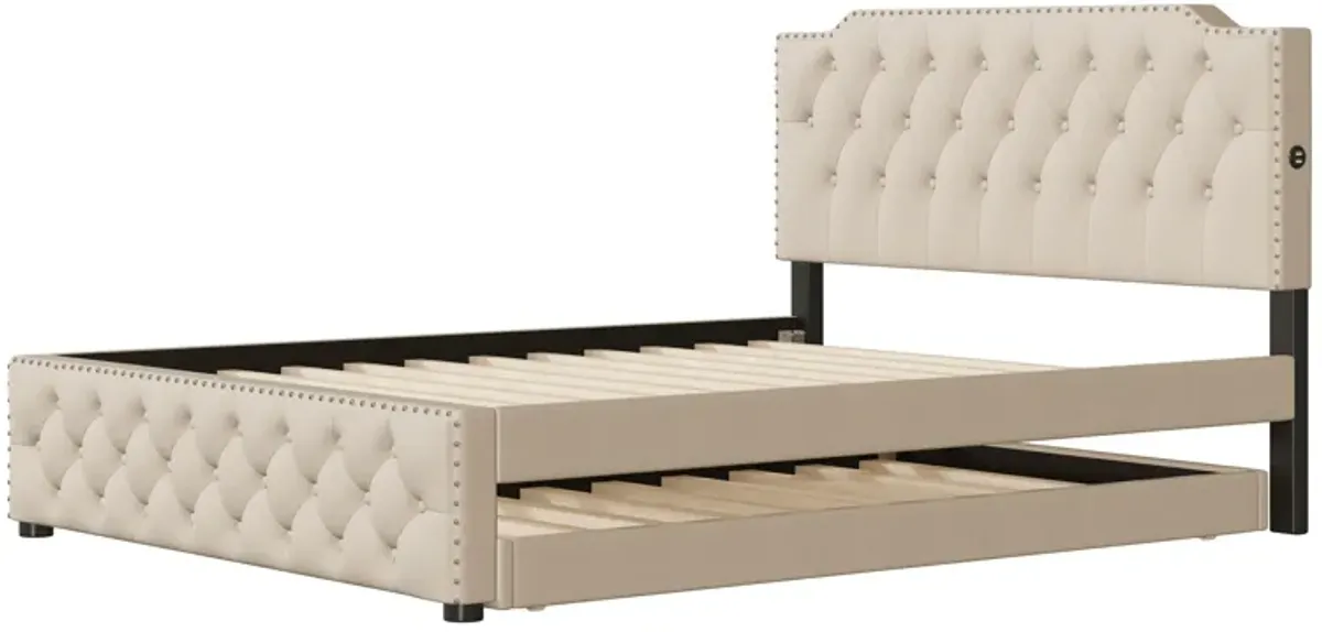 Upholstered Platform Bed With Twin Size Trundle And 2 Sets Of USB Ports On Each Side, Linen Fabric