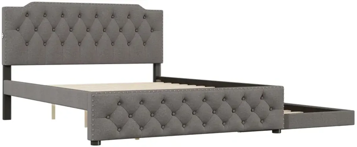 Upholstered Platform Bed With Twin Size Trundle And 2 Sets Of USB Ports On Each Side, Linen Fabric