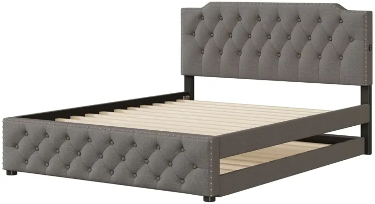 Upholstered Platform Bed With Twin Size Trundle And 2 Sets Of USB Ports On Each Side, Linen Fabric