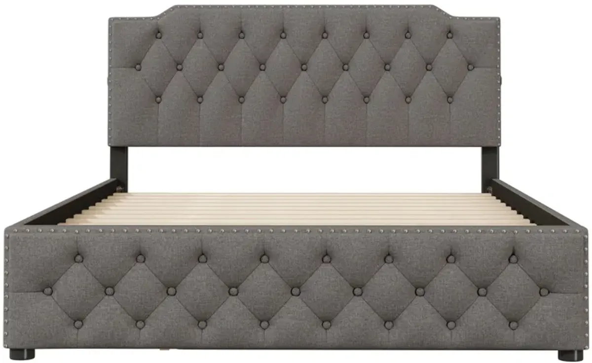 Upholstered Platform Bed With Twin Size Trundle And 2 Sets Of USB Ports On Each Side, Linen Fabric