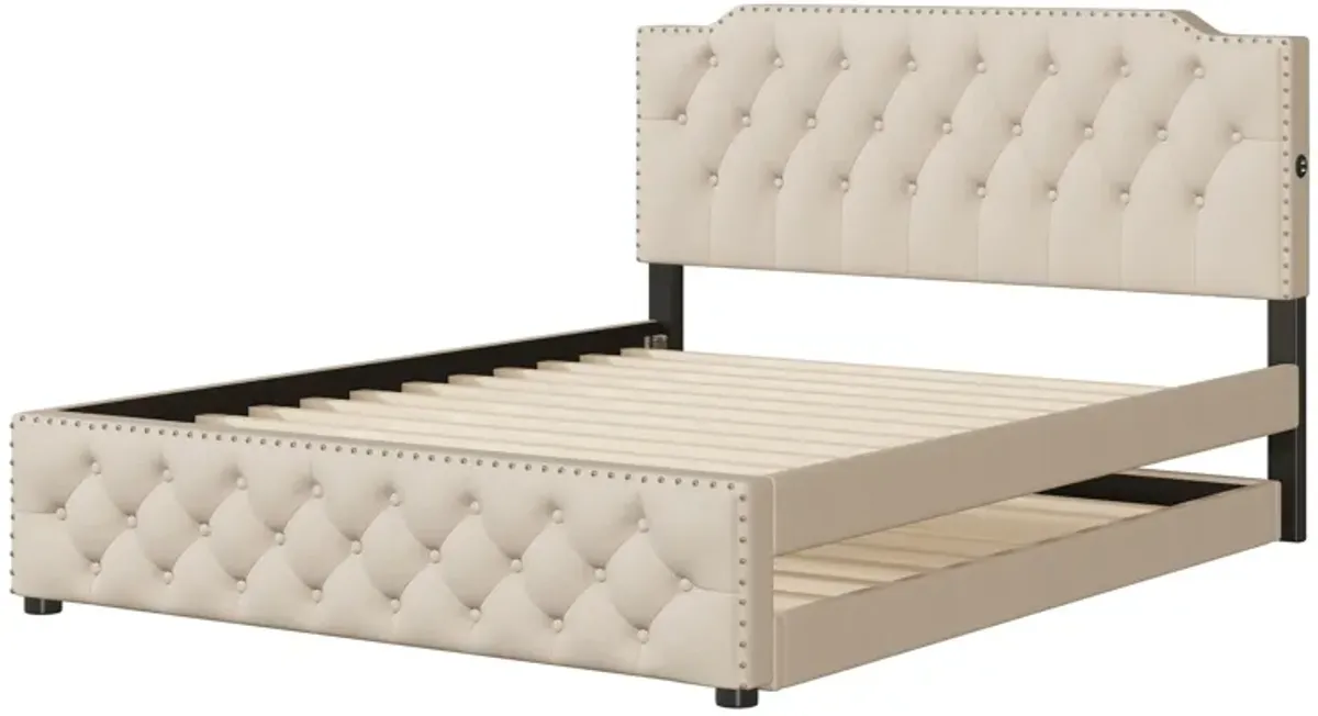 Upholstered Platform Bed With Twin Size Trundle And 2 Sets Of USB Ports On Each Side, Linen Fabric