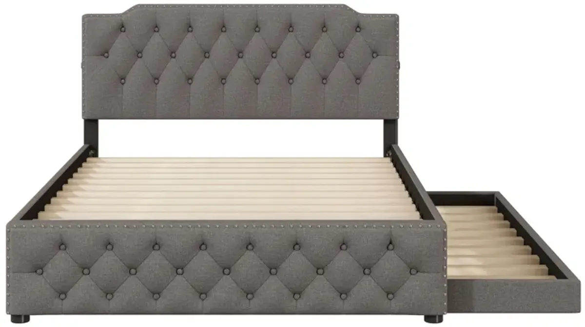 Upholstered Platform Bed With Twin Size Trundle And 2 Sets Of USB Ports On Each Side, Linen Fabric