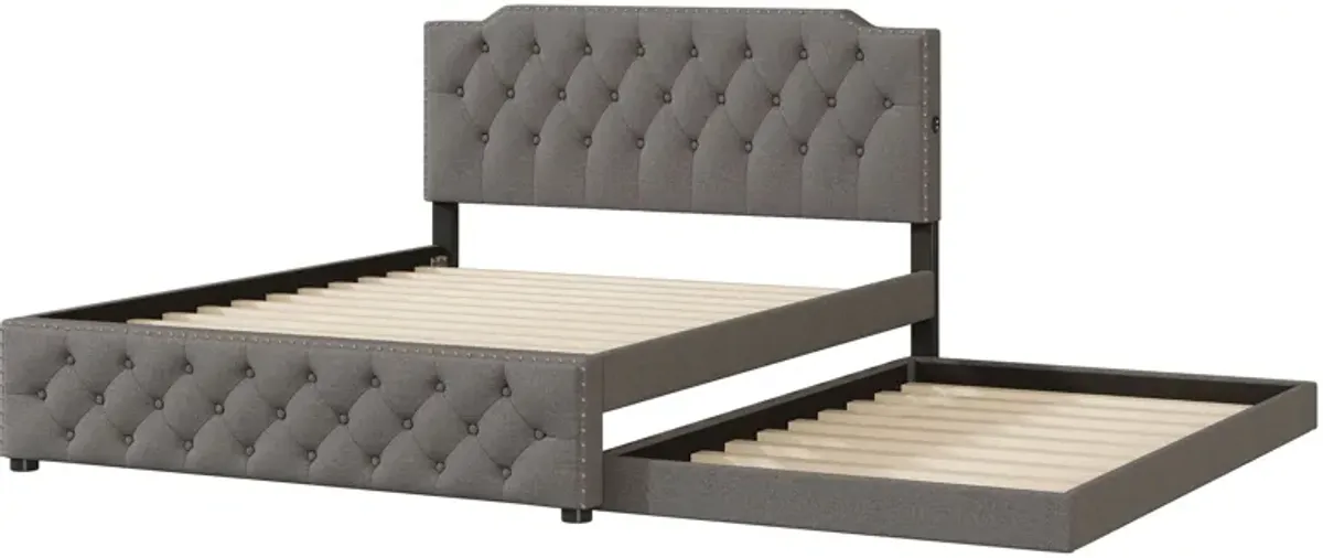 Upholstered Platform Bed With Twin Size Trundle And 2 Sets Of USB Ports On Each Side, Linen Fabric