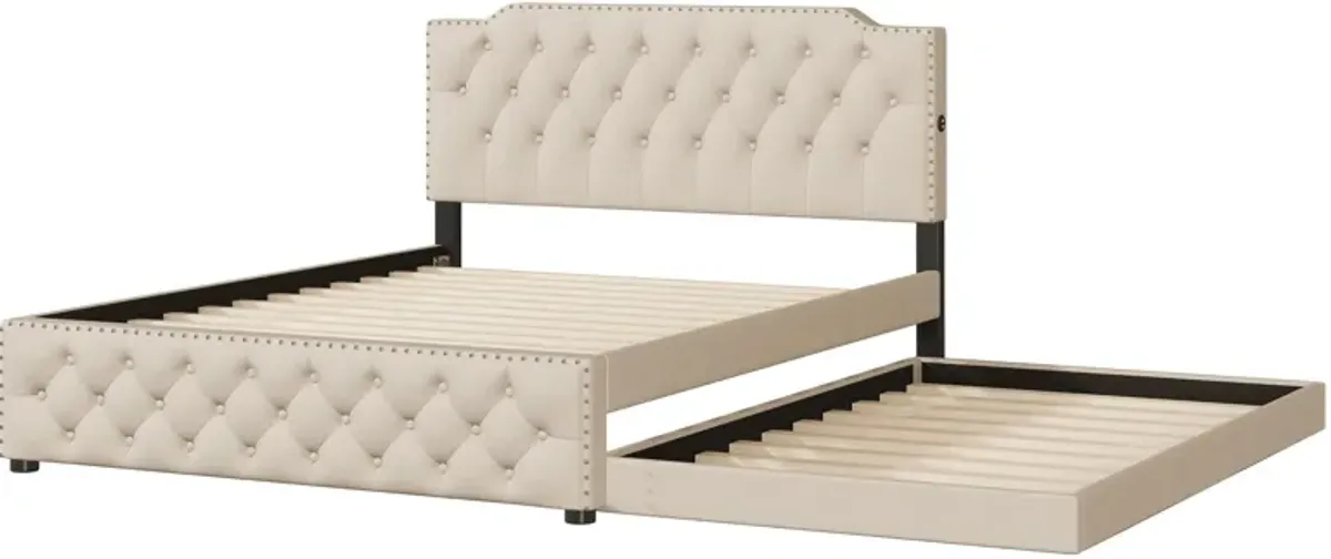 Upholstered Platform Bed With Twin Size Trundle And 2 Sets Of USB Ports On Each Side, Linen Fabric