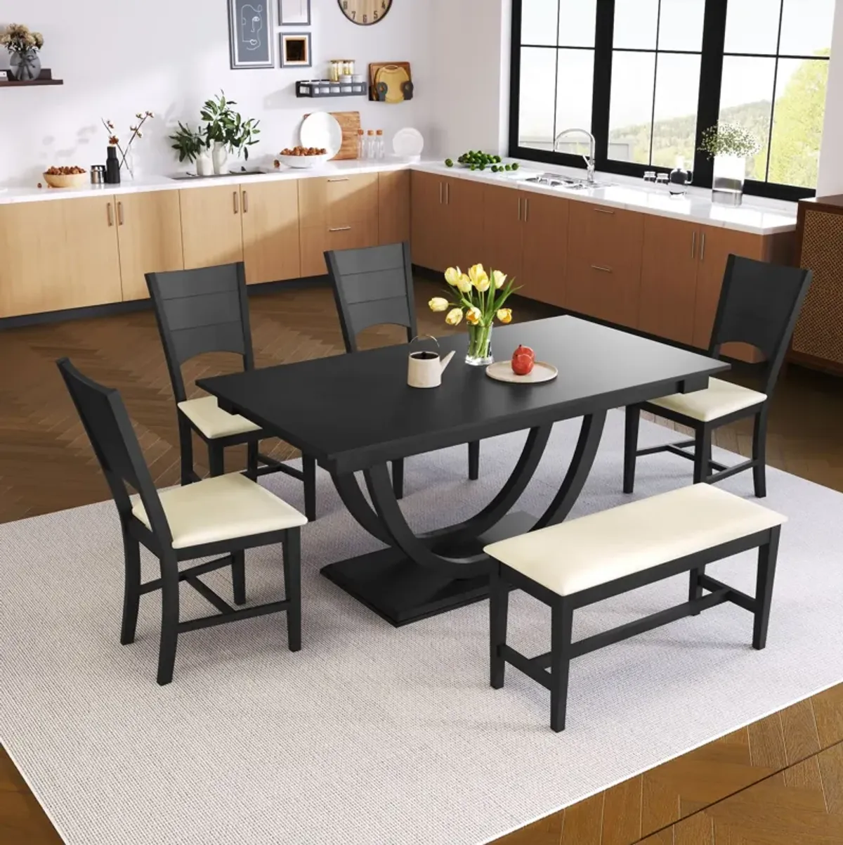 Topmax - 6 Piece Wood Half Round Dining Table Set Kitchen Table Set With Long Bench And 4 Dining Chairs, Modern Style