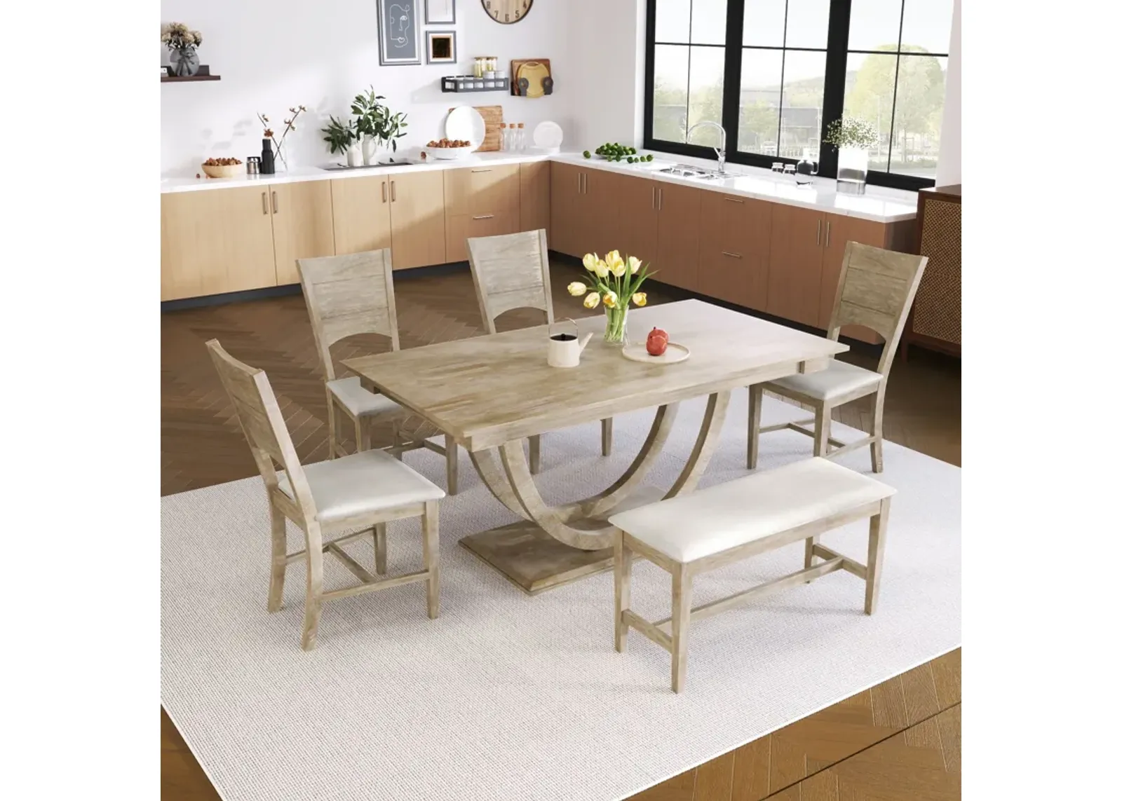 Topmax - 6 Piece Wood Half Round Dining Table Set Kitchen Table Set With Long Bench And 4 Dining Chairs, Modern Style