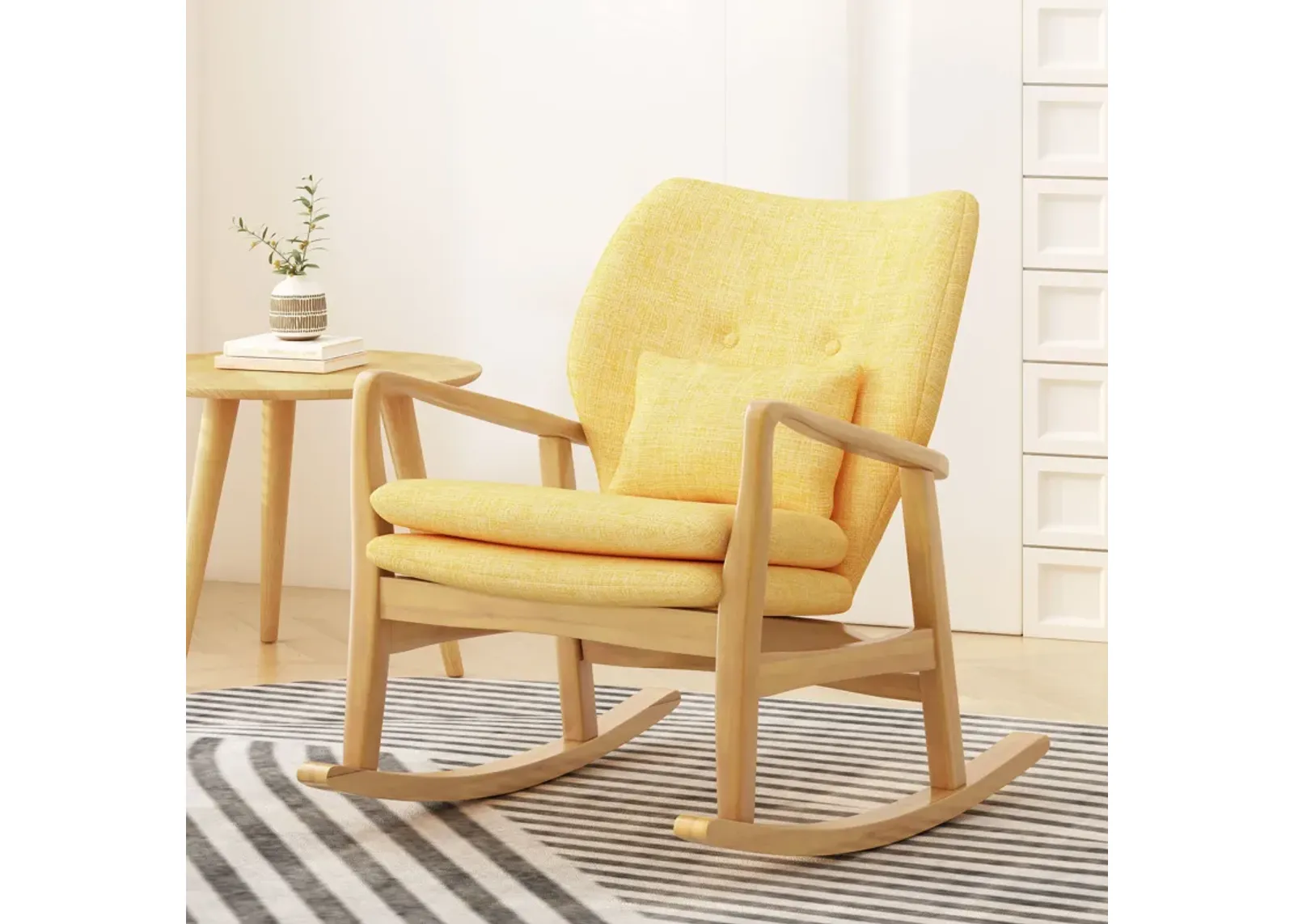 Elegant Solid Wood Rocking Chair With Linen Cushion