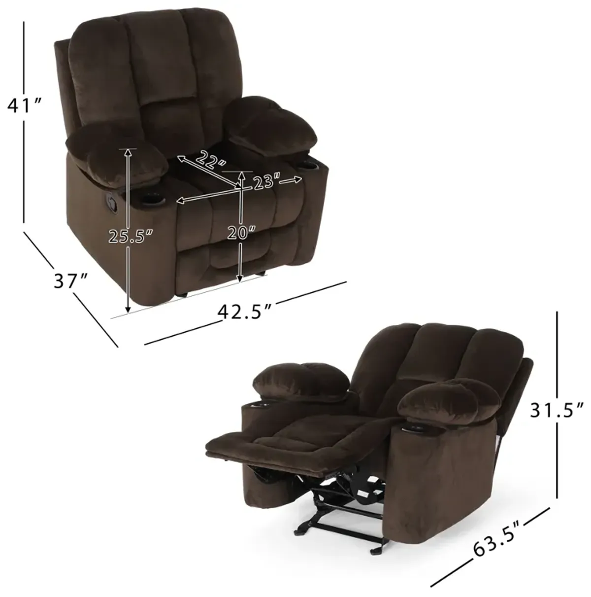 Luxurious Manual Recliner Chair With Skin-Friendly Fabric And Dual Cup Holders