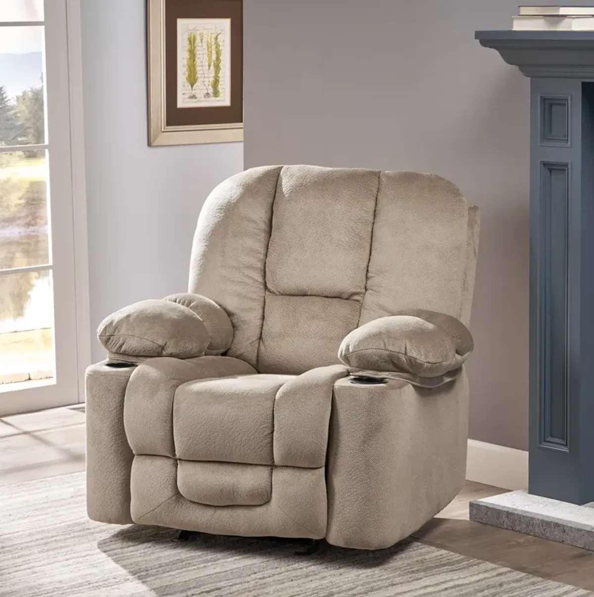 Luxurious Manual Recliner Chair With Skin-Friendly Fabric And Dual Cup Holders