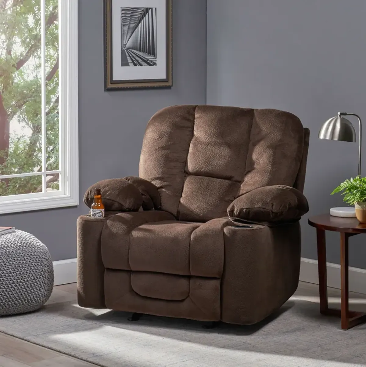 Luxurious Manual Recliner Chair With Skin-Friendly Fabric And Dual Cup Holders