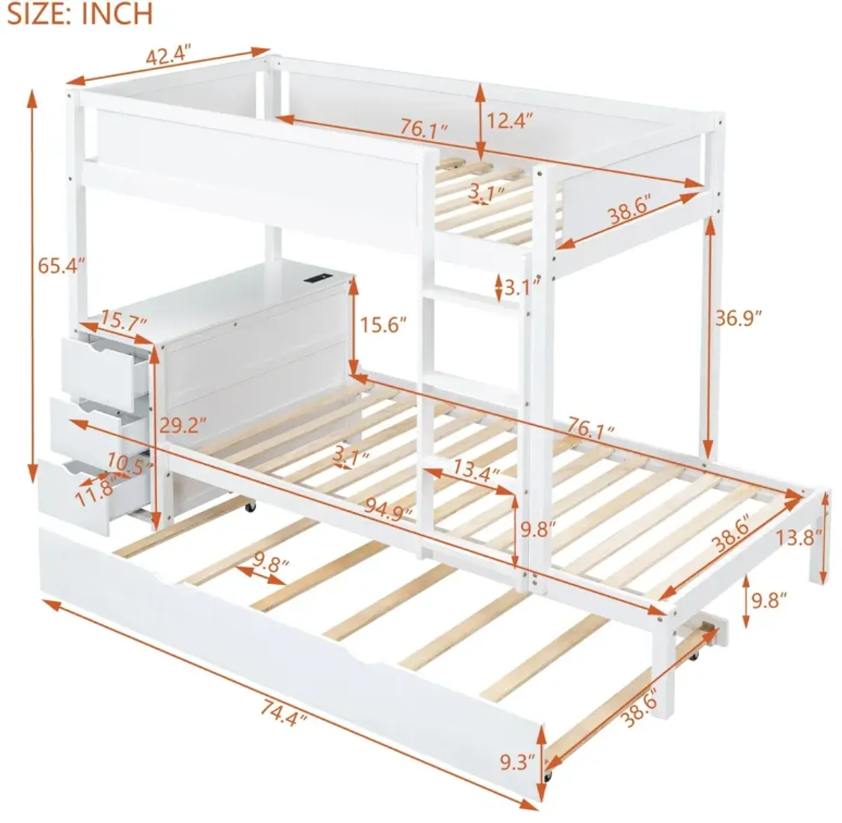 Bunk Bed With Twin Size Trundle, Storage And Desk