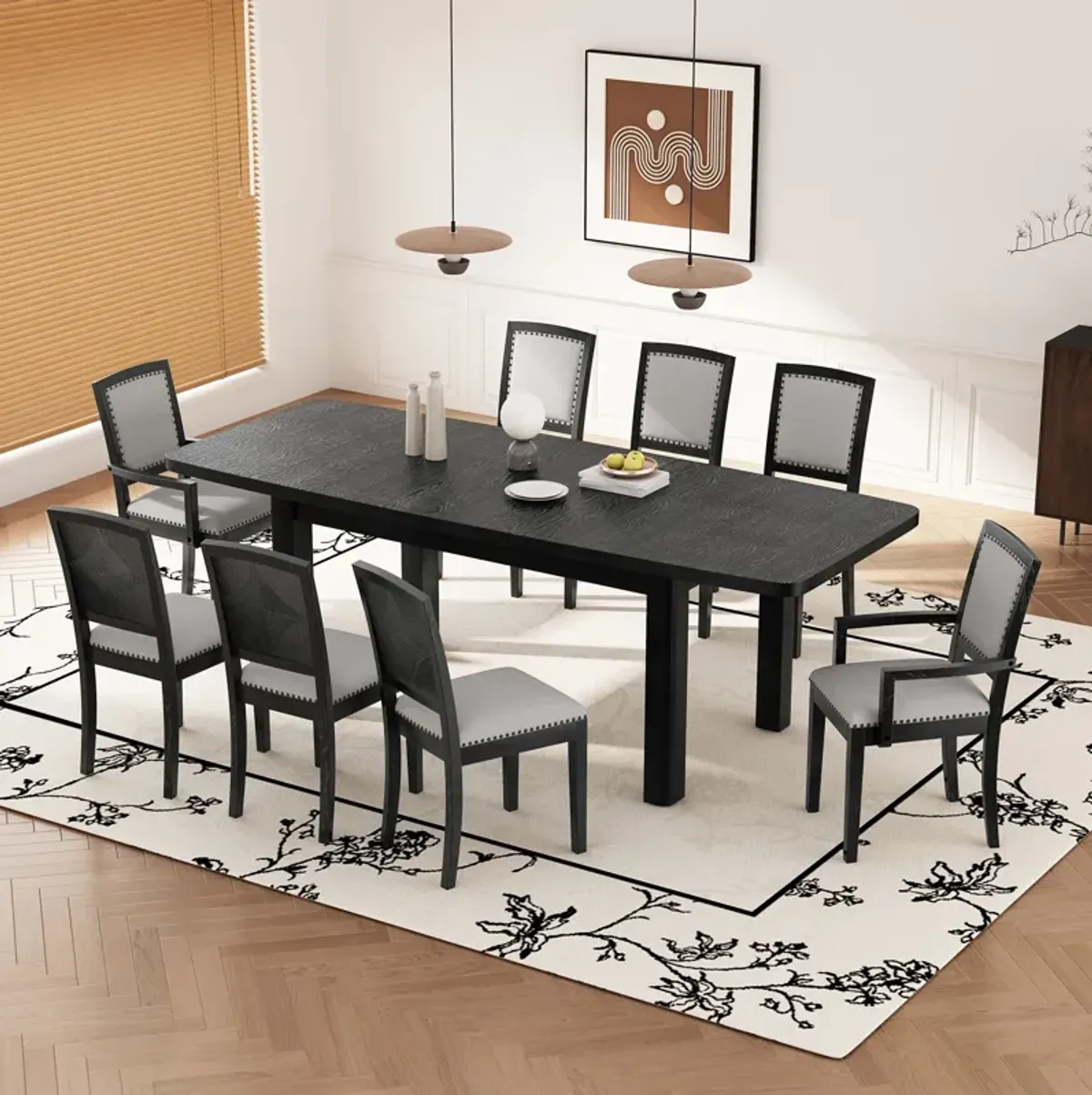 Topmax - Rustic Extendable Dining Table Set With Removable Leaf, 6 Upholstered Armless Dining Chairs And 2 Padded Arm Chairs, 9 Pieces