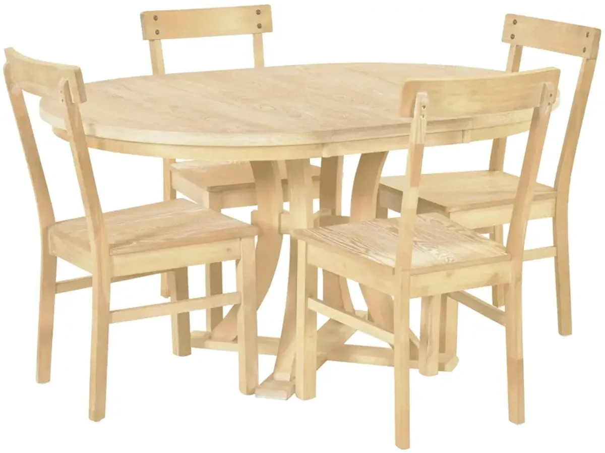 Topmax - 5 Piece Rustic Round Pedestal Extendable Dining Table Set With 15.7" Removable Leaf And Simple Dining Chirs For Small Places