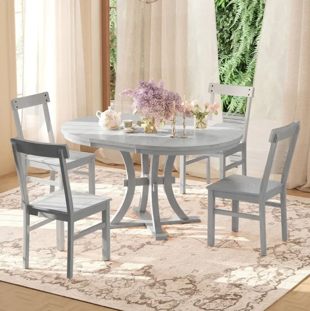 Topmax - 5 Piece Rustic Round Pedestal Extendable Dining Table Set With 15.7" Removable Leaf And Simple Dining Chirs For Small Places