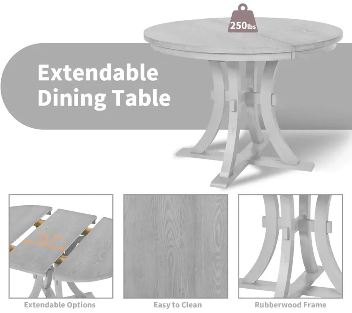 Topmax - 5 Piece Rustic Round Pedestal Extendable Dining Table Set With 15.7" Removable Leaf And Simple Dining Chirs For Small Places