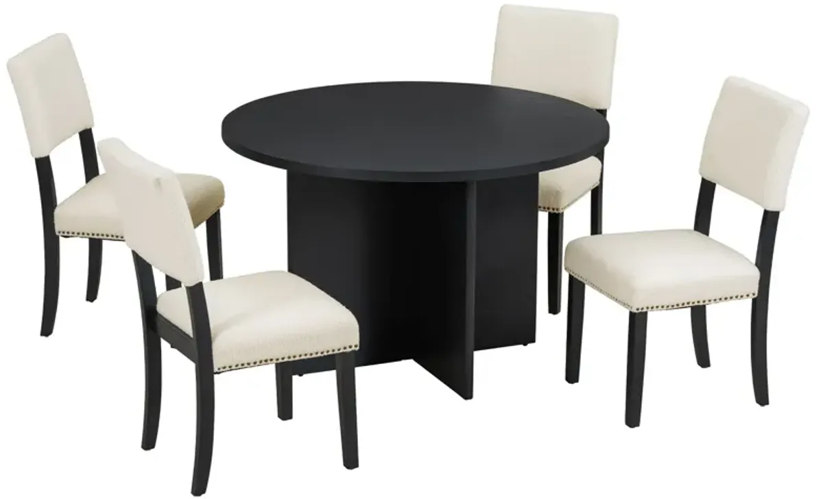 Topmax - 5 Piece Modern Round Dining Table Set Pedestal Kitchen Table Set With 4 Upholstered Dining Chairs For Studio, Apartment, Small Places