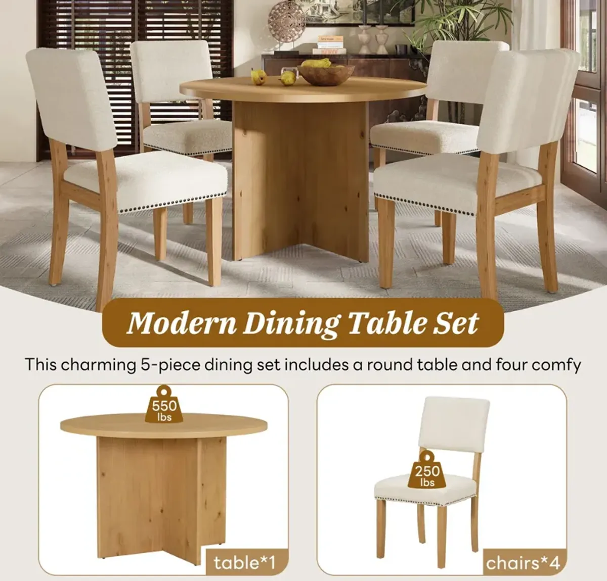 Topmax - 5 Piece Modern Round Dining Table Set Pedestal Kitchen Table Set With 4 Upholstered Dining Chairs For Studio, Apartment, Small Places