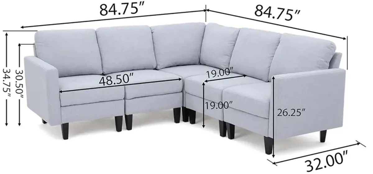 Comfy 5 Pieces L Shaped Sofa With Wooden Legs, Modern Side Chairs For Living Room