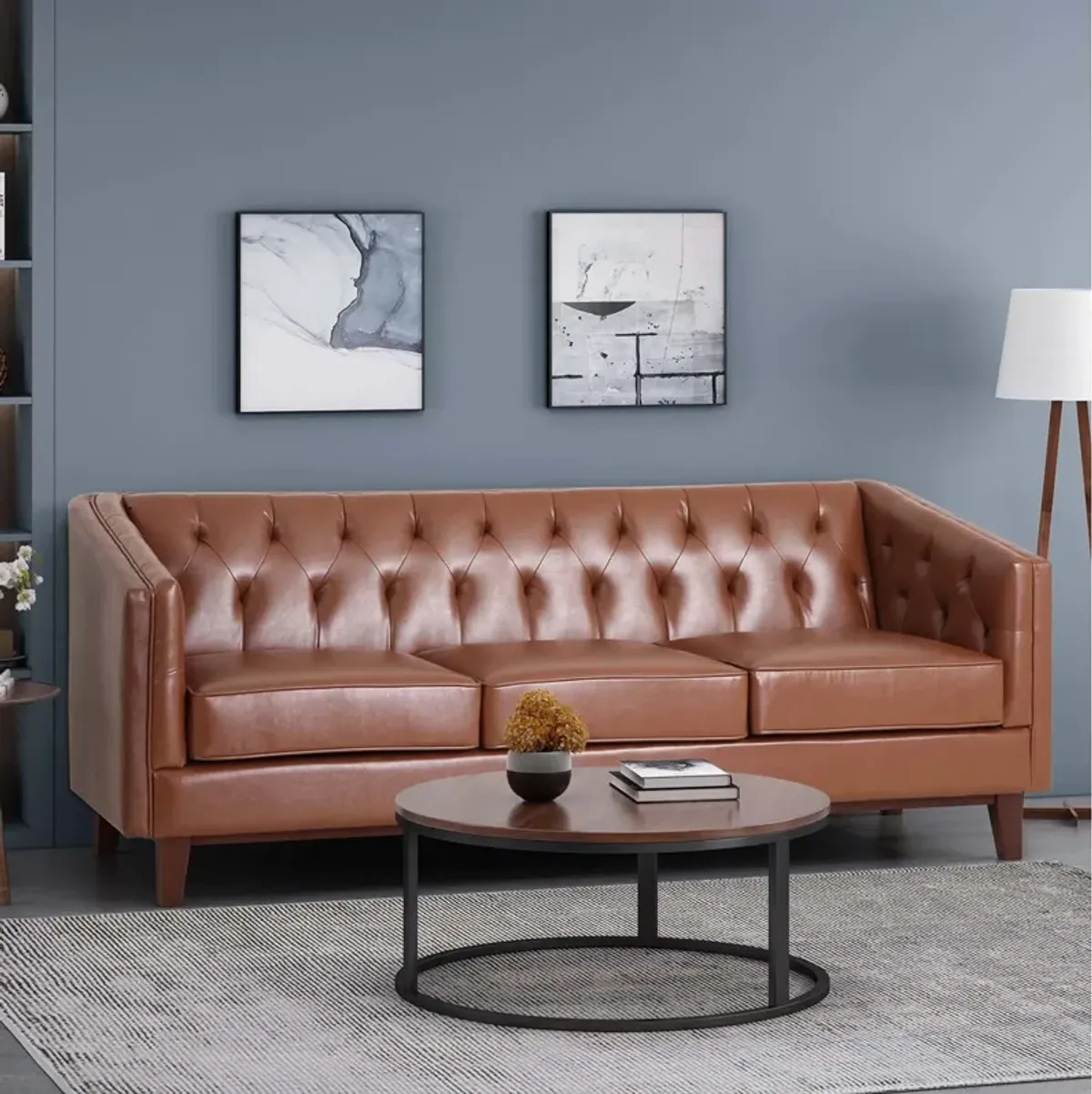 PU Sofa, Tufted Back, Solid Wood Legs, Living Room And Study