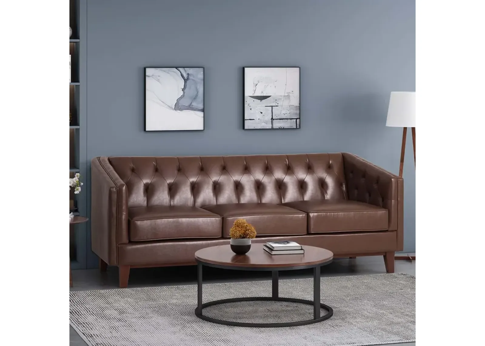 PU Sofa, Tufted Back, Solid Wood Legs, Living Room And Study