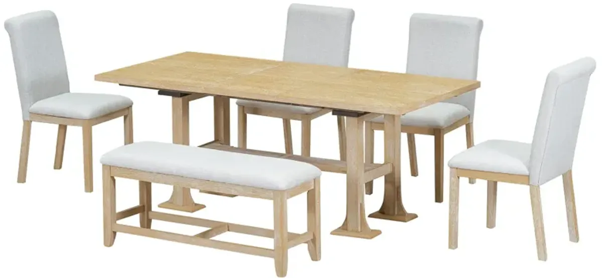 Topmax - 6 Piece Farmhouse Extendable Dining Table Set Trestle Kitchen Table Set With Removable Leaf And Upholstered Dining Chair And Bench For Dining Room