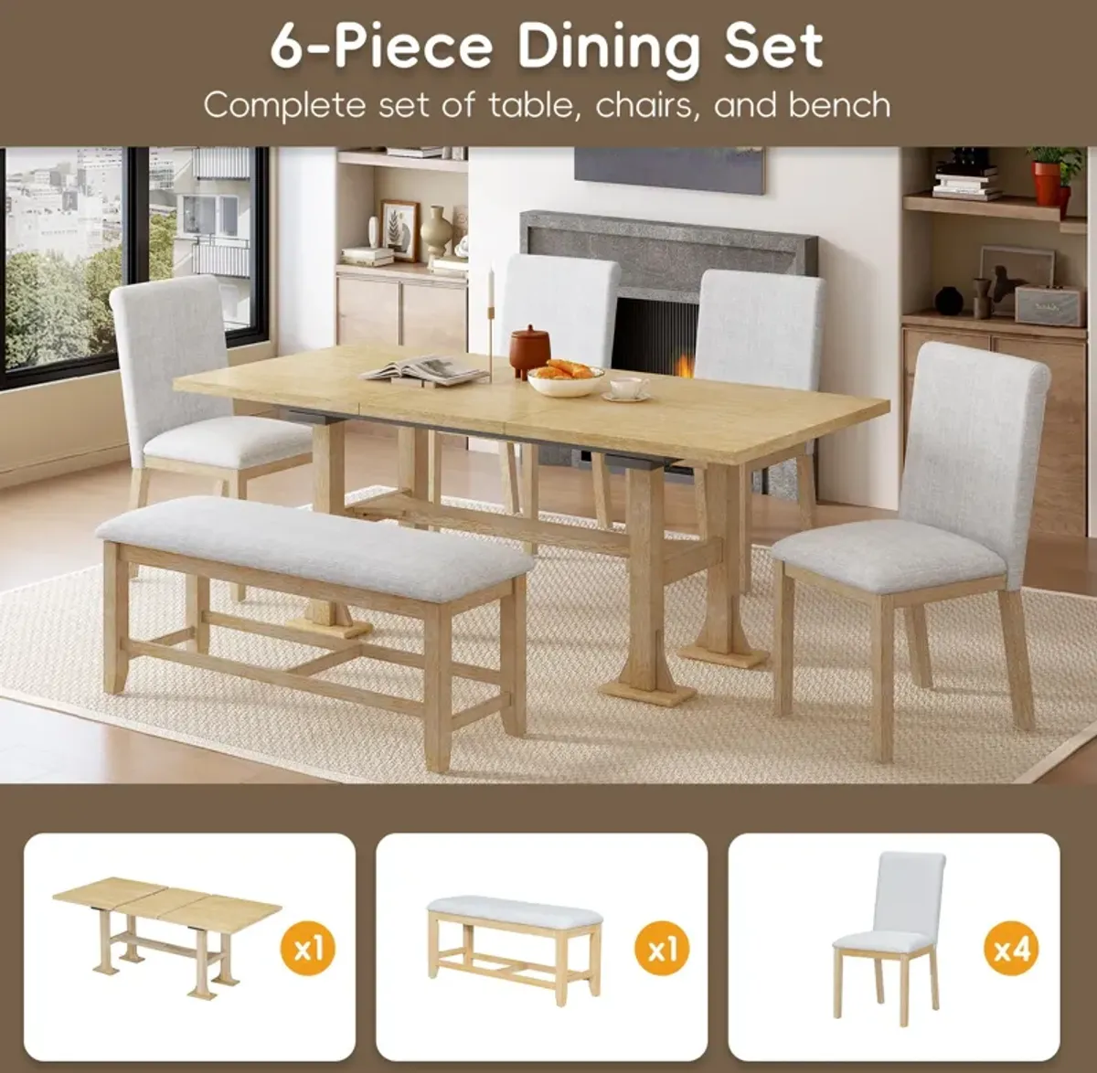 Topmax - 6 Piece Farmhouse Extendable Dining Table Set Trestle Kitchen Table Set With Removable Leaf And Upholstered Dining Chair And Bench For Dining Room