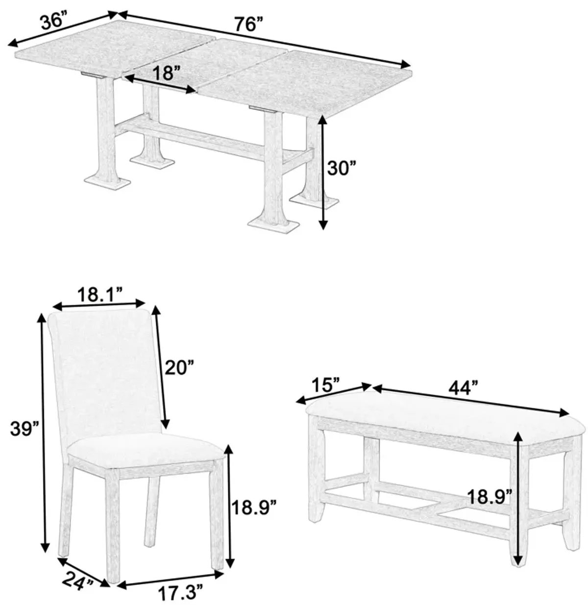 Topmax - 6 Piece Farmhouse Extendable Dining Table Set Trestle Kitchen Table Set With Removable Leaf And Upholstered Dining Chair And Bench For Dining Room