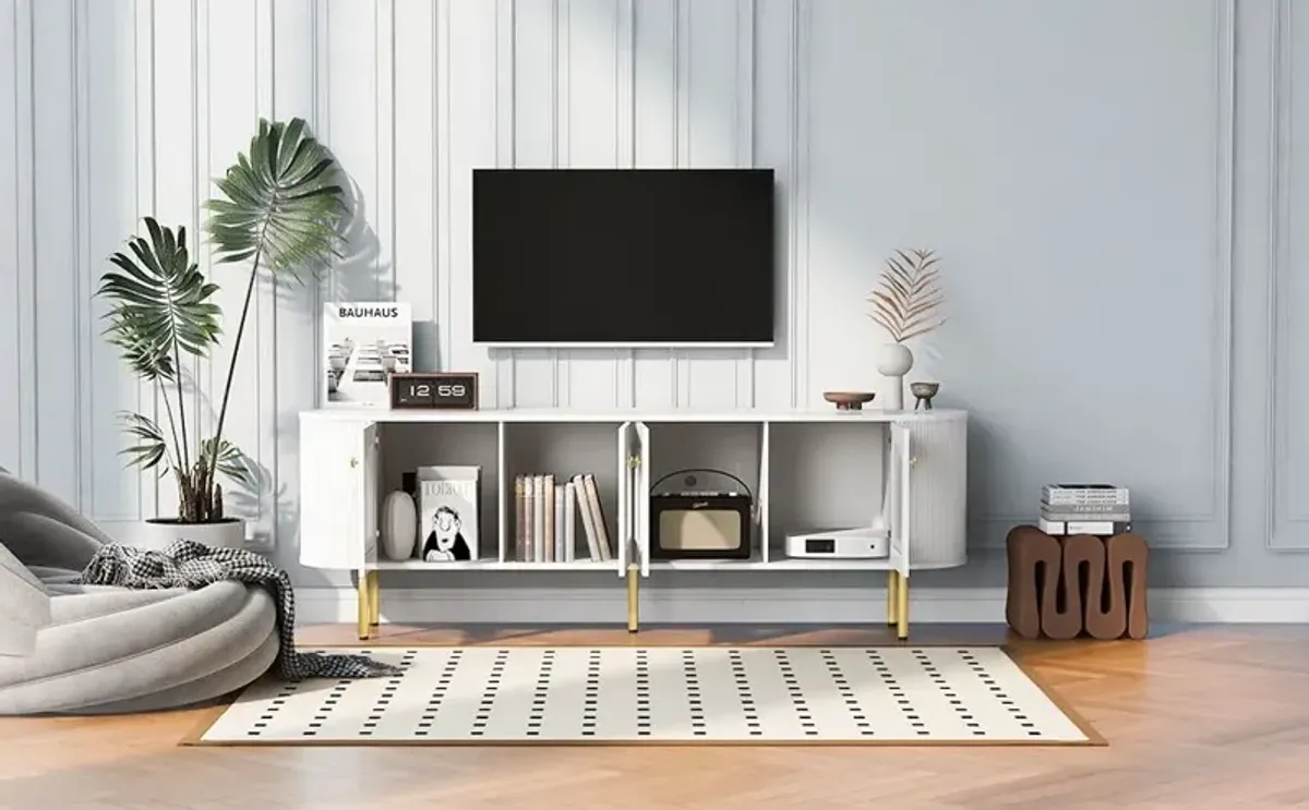 Modern TV Stand For TVs Up To 80", Entertainment Center With 4 Cabinets, Wood Media Console With Metal Legs And Handles For Living Room