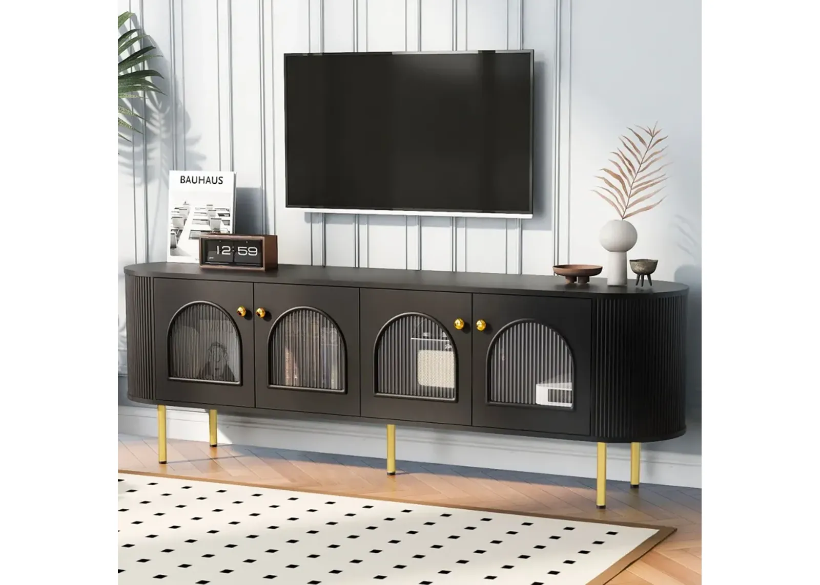 Modern TV Stand For TVs Up To 80", Entertainment Center With 4 Cabinets, Wood Media Console With Metal Legs And Handles For Living Room